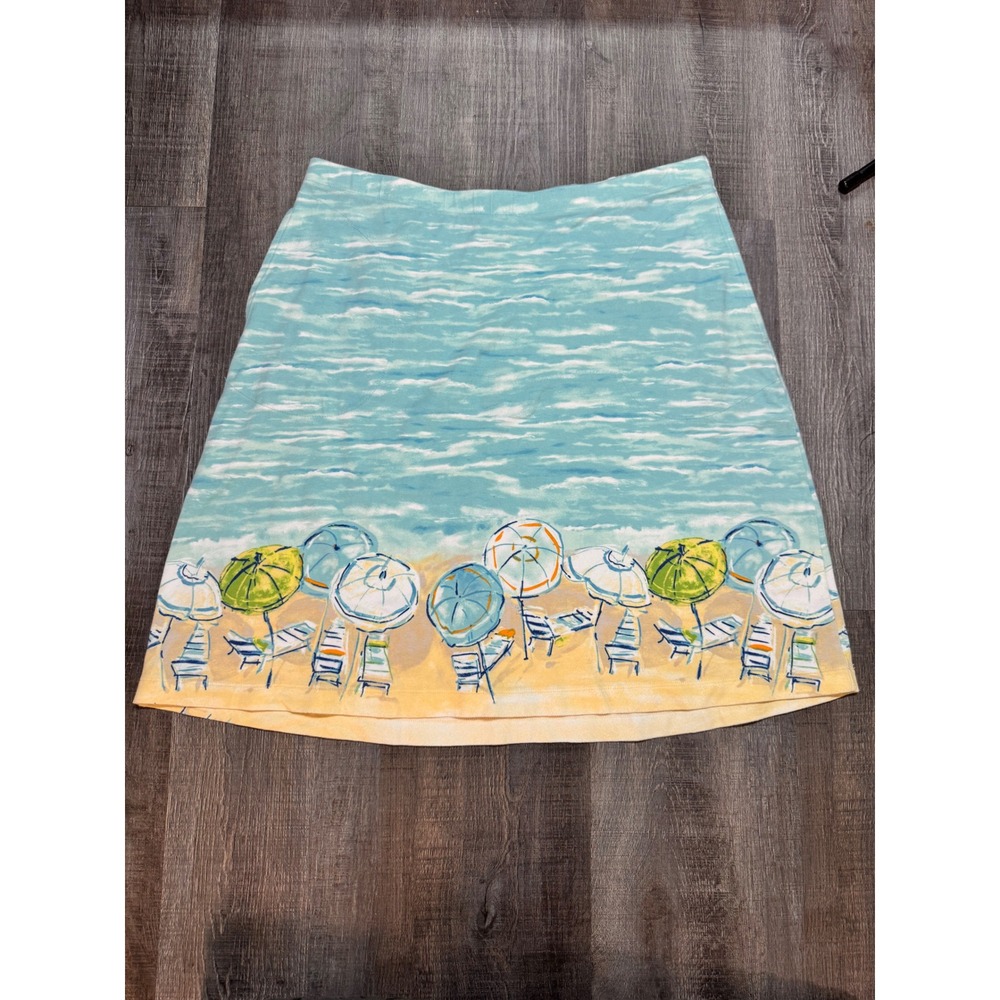 J. Jill Women Blue Beach Umbrella Print A-Line Skirt‎ Cotton Modal Stretch Small